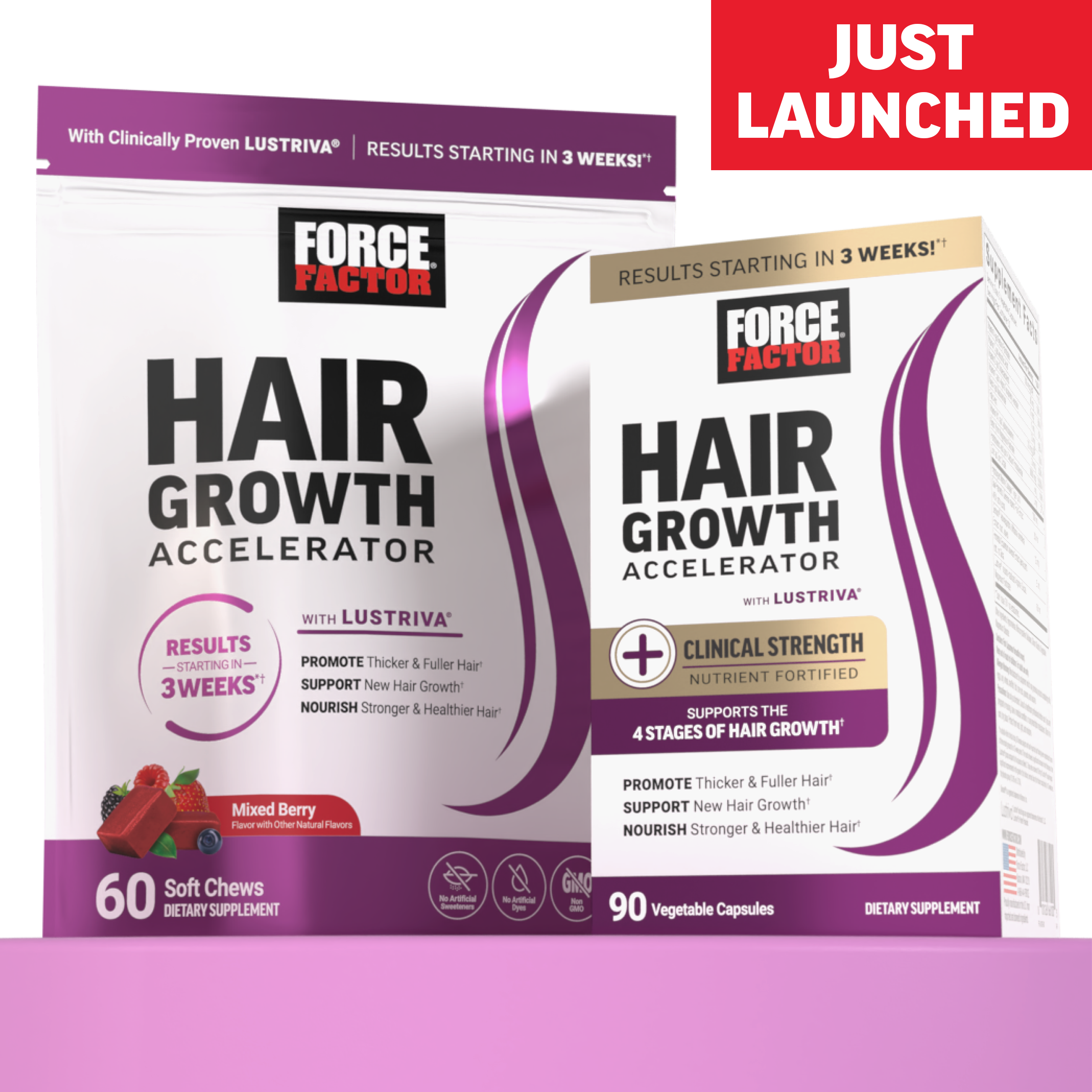 Force Factor Hair Growth Acclerator Soft Chews and Capsules; hair growth vitamins, hair growth supplement, lustriva