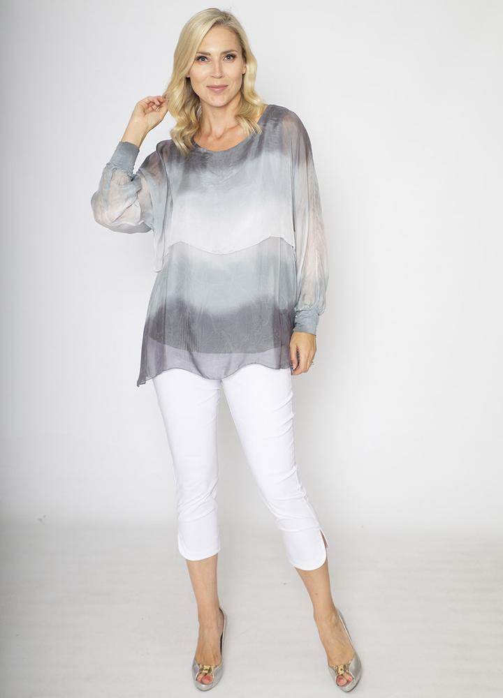 Layered Silk Print Top Grey