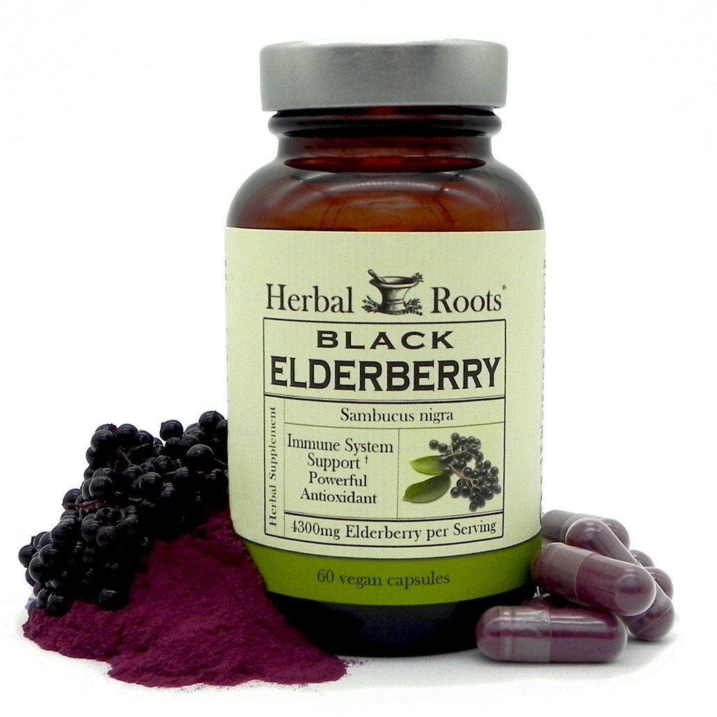 Herbal Roots Black Elderberry bottle with pills, powder and elderberries