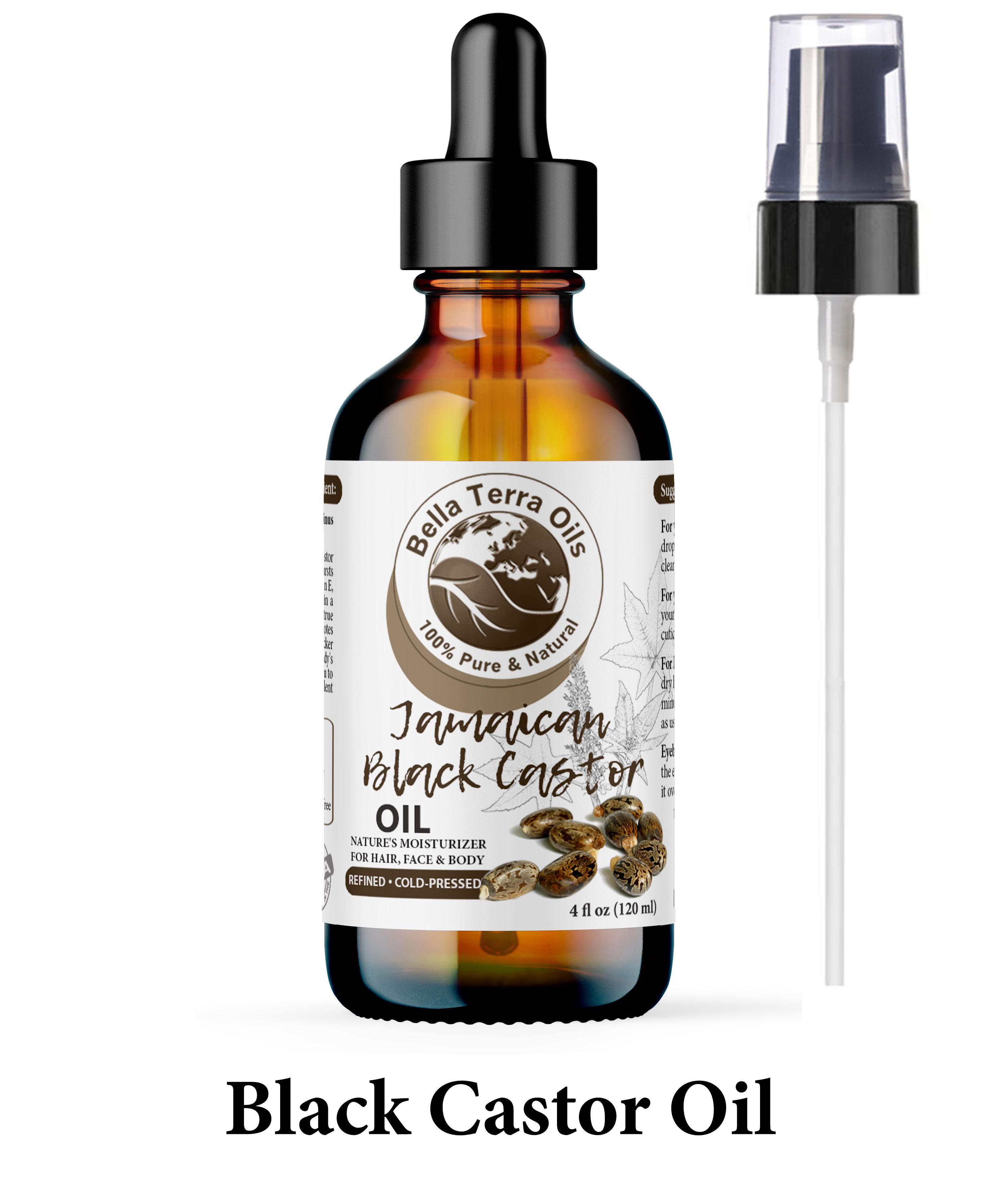 Bella Terra Oils Jamaican Black Castor Oil in an amber-colored bottle with dropper and pump dispenser, featuring castor beans on the label, accentuating its refined, cold-pressed quality for hair, face, and body moisturization.