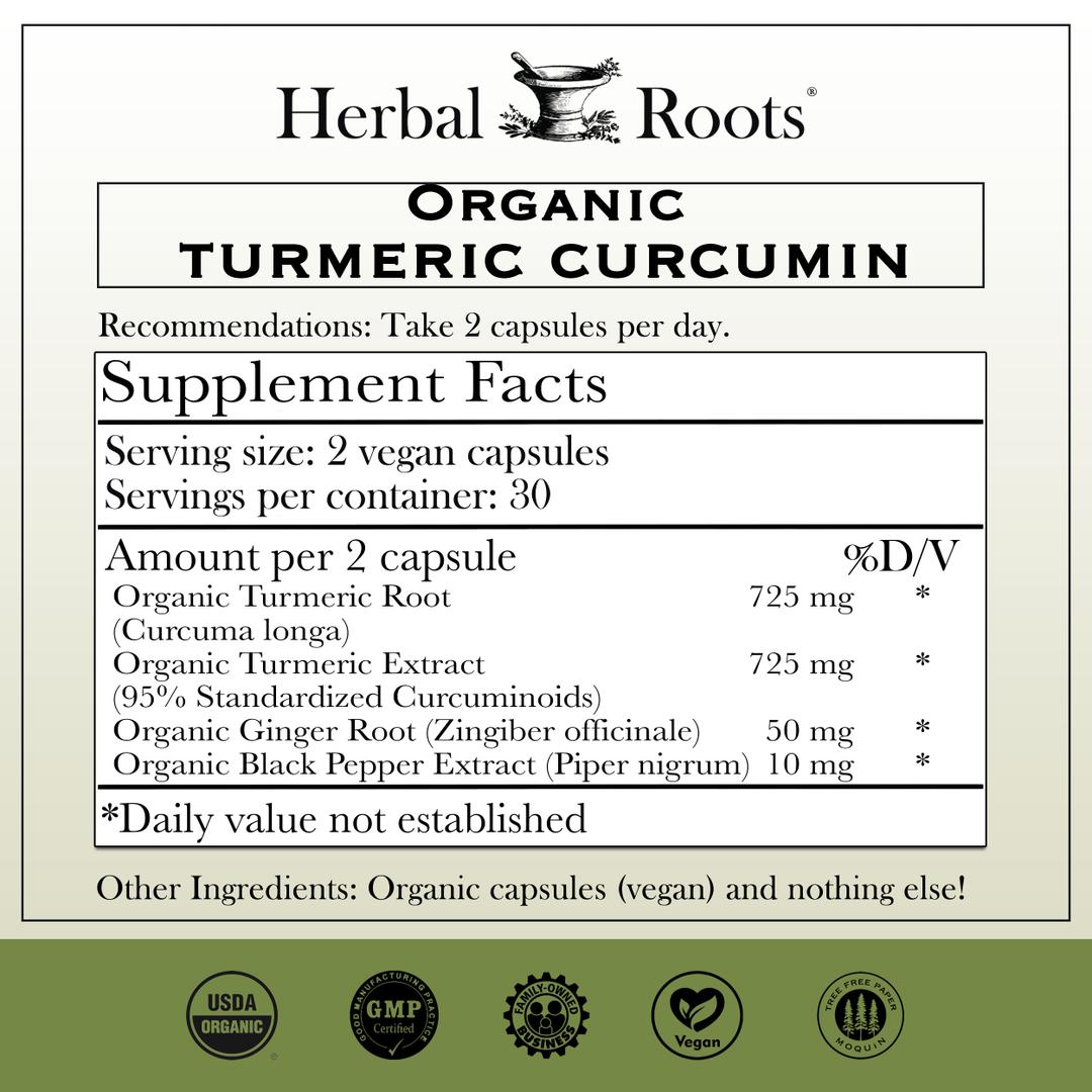 The supplement facts for Herbal Roots Organic Turmeric Curcumin. Recommendations: Take 2 capsules per day. Serving size: 2 vegan capsules. Servings per container: 30. Amount per 2 capsules - Organic turmeric root 725mg, organic turmeric extract 725mg (95% standardized curcuminoids), Organic ginger roots 50mg, orgnaic black pepper extract 10mg. Daily value not established. Other ingredientsL organic capsules (vegan) and nothing else!