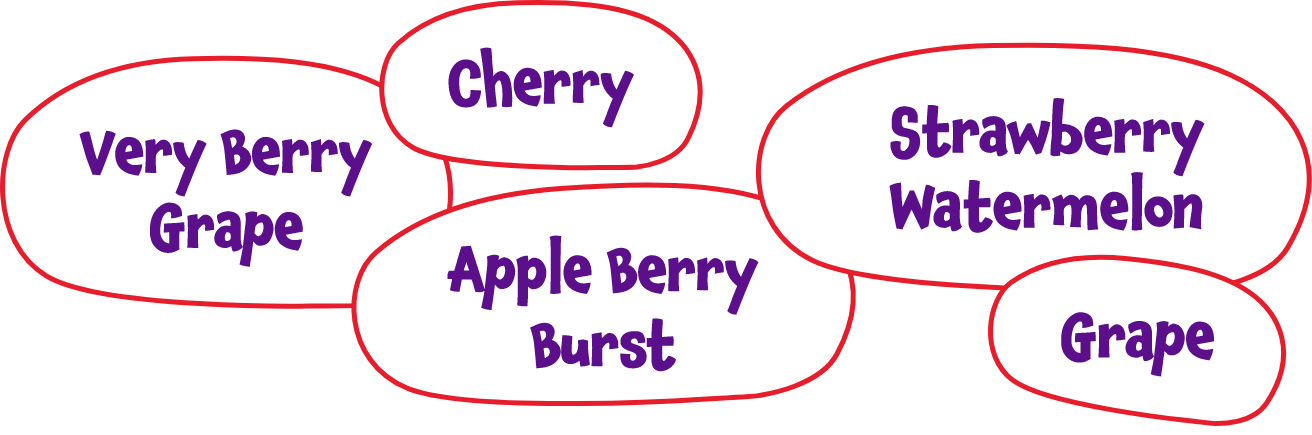 Very Berry Grape, Cherry, Apple Berry Burst, Strawberry Watermelon, Grape