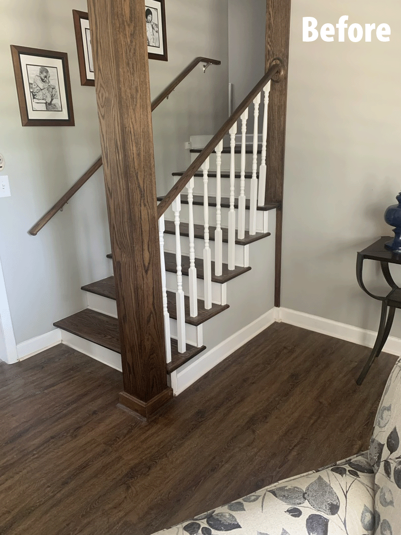 before photo of traditional white balusters installed on living room staircase
