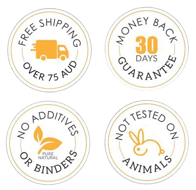 Free shipping over 75 aud, 30-day money back guarantee, no additives or binders in this product, not tested on animals