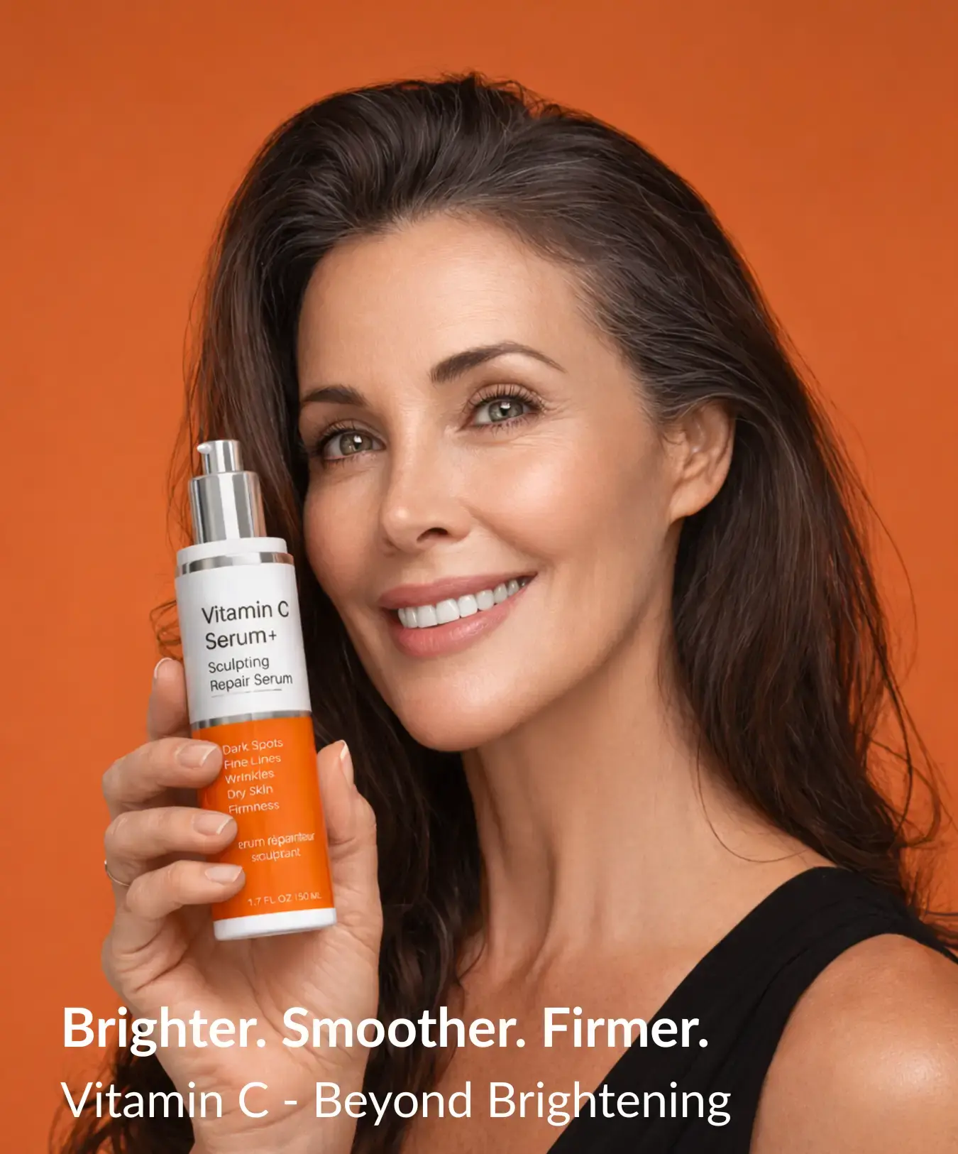 Gorgeous model holding the LeVaye vitamin C serum bottle with text below stating: Brighter. smoother. Firmer, Vitamin C Beyond Brightening