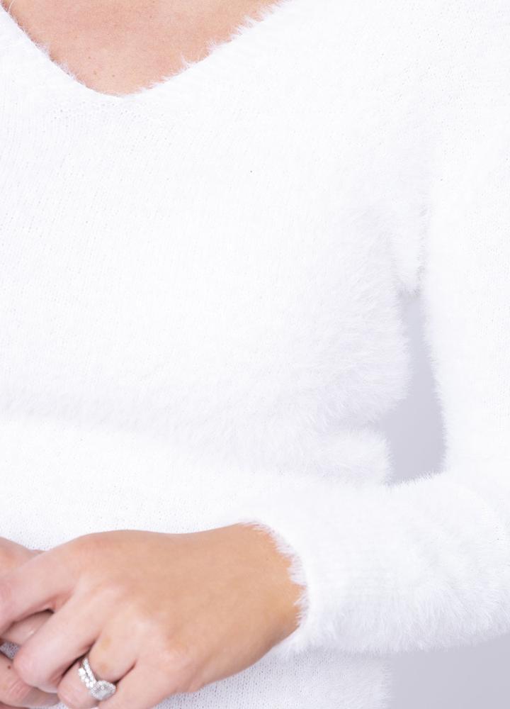 V Neck Fluffy Jumper in White
