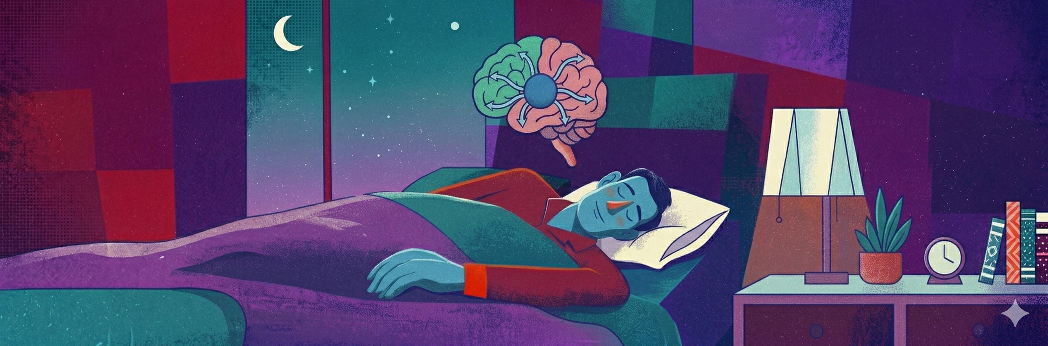 A sleeping man with a brain hovering around his head to represent brain activity during the REM sleep stage.