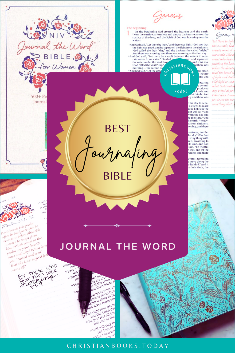 Collage of the teal NIV Journal the Word Bible for Women, journaling prompts and red-letter Scripture, labeled Best Journaling Bible.