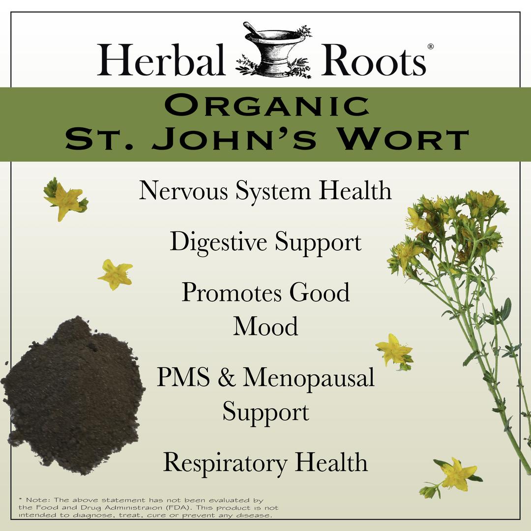 St John's wort flowers and a pile of powder. Herbal Roots logo and text that says "Organic St John's Wort - Nervous System Support, Digestive Support, Promotes Good Mood, PMS & Menopausal Support, Respiratory Health"