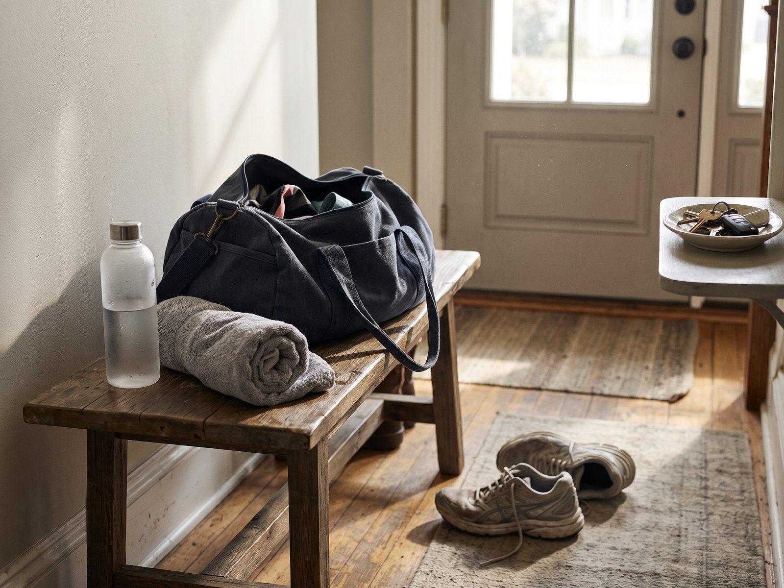Gym bag, rolled towel and water bottle on a wooden bench by the front door