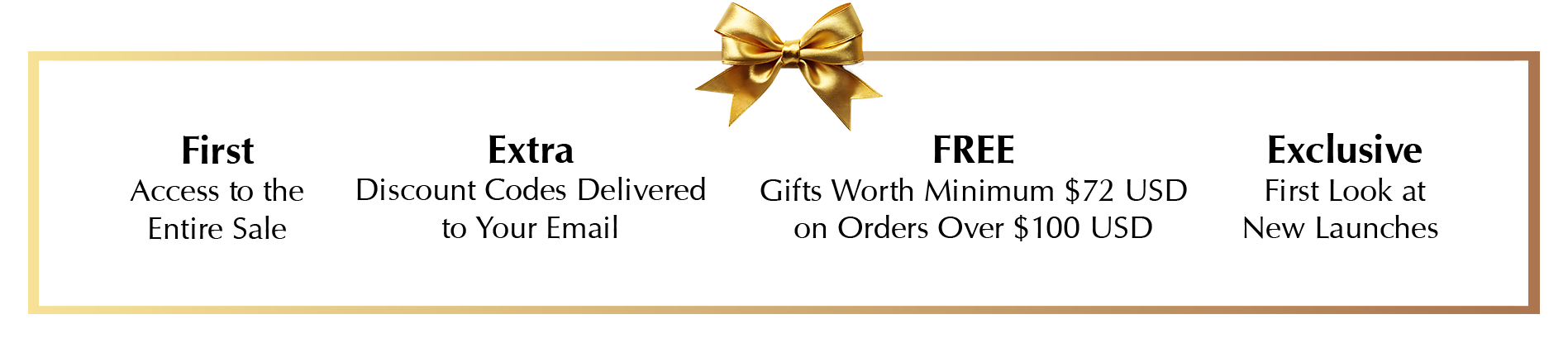 Early Bird privileges First Access tp the entire sale | Extra discount codes delivered to your email | free gift worth minimum $72 USD on orders over $100 USD | Exclusive first look at new launches desktop