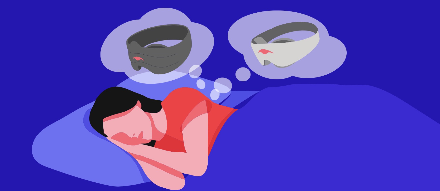 A girl lying down in bed deciding between Manta Sleep Mask vs. Manta Weighted Mask