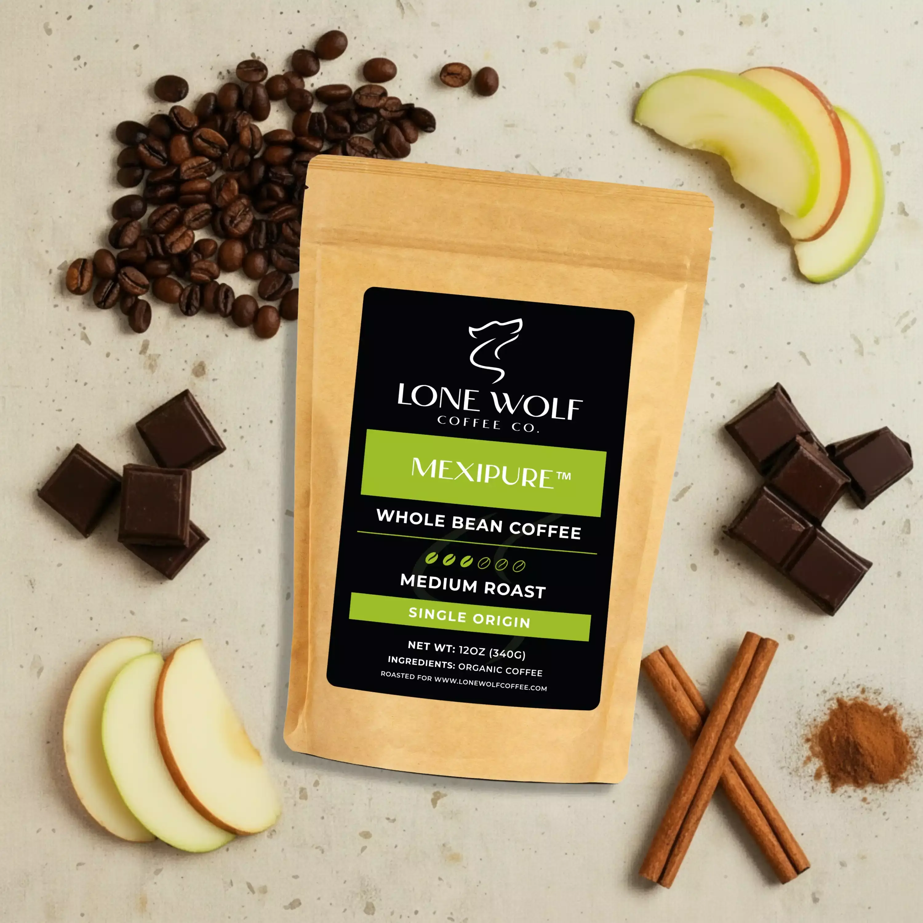 Mexipure whole bean flavor profile image showing Lone Wolf Coffee with chocolate richness, cinnamon warmth, green apple sweetness, and a clean finish.