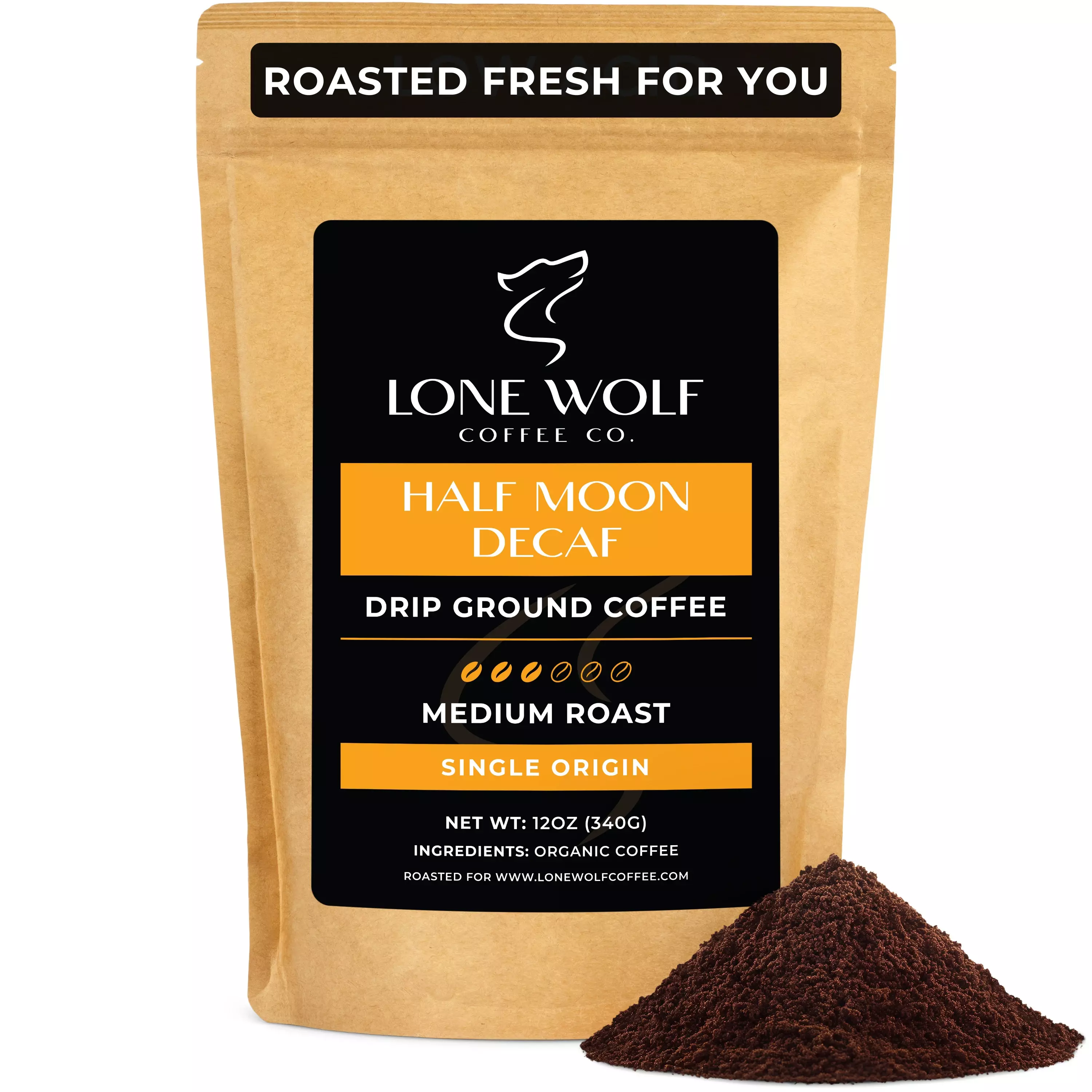 One 12oz bag of Lone Wolf Coffee’s Half Moon Decaf Medium Roast Drip Ground coffee bag product photo