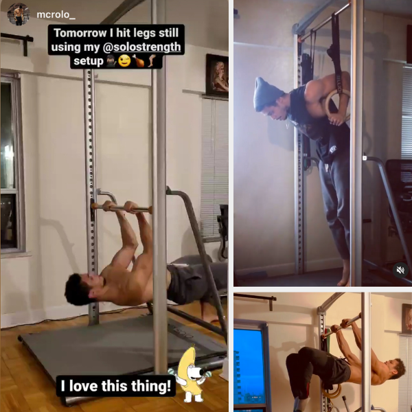 customer UGC photo on wall gym foldup rack pull up bar dip station bodyweight strength exercises example