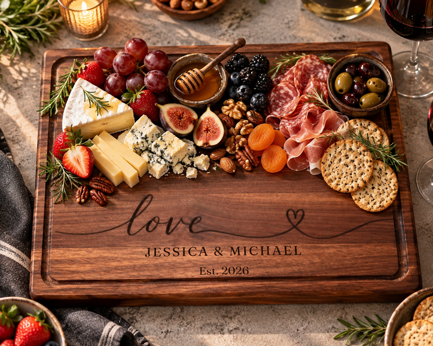 Personalized maple cutting board presented as a meaningful wedding gift to a newlywed bride and groom. The handcrafted hardwood board features beautiful natural grain, a deep juice groove and realistic custom engraving reading “The Maple Family – Est. 2024.” A warm wedding lifestyle scene highlighting personalized craftsmanship, heirloom quality and a thoughtful wedding, bridal shower or newlywed gift.