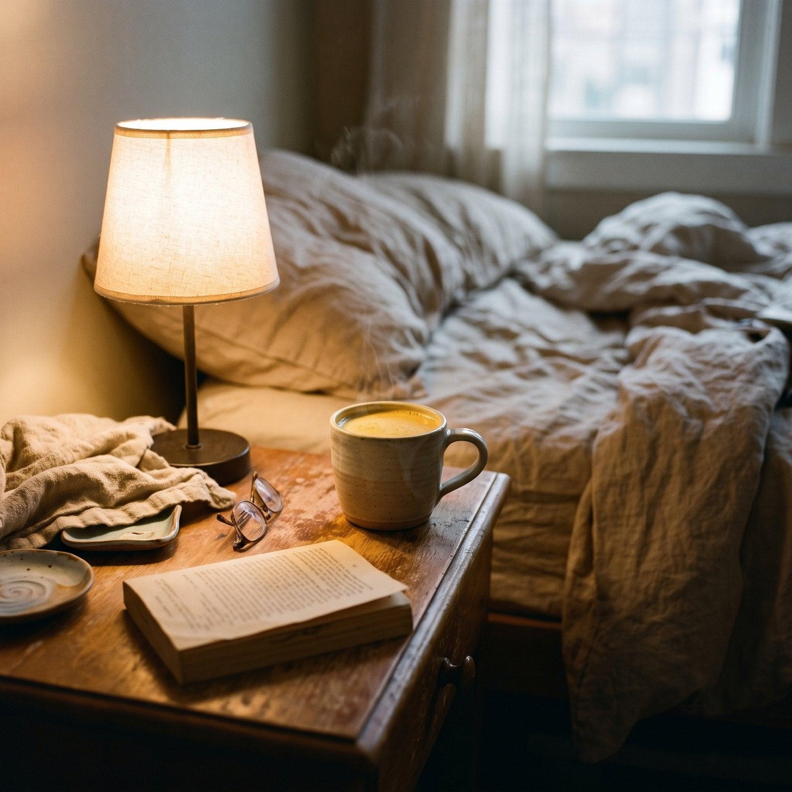 Mug of warm golden milk on a nightstand beside a reading lamp and a book