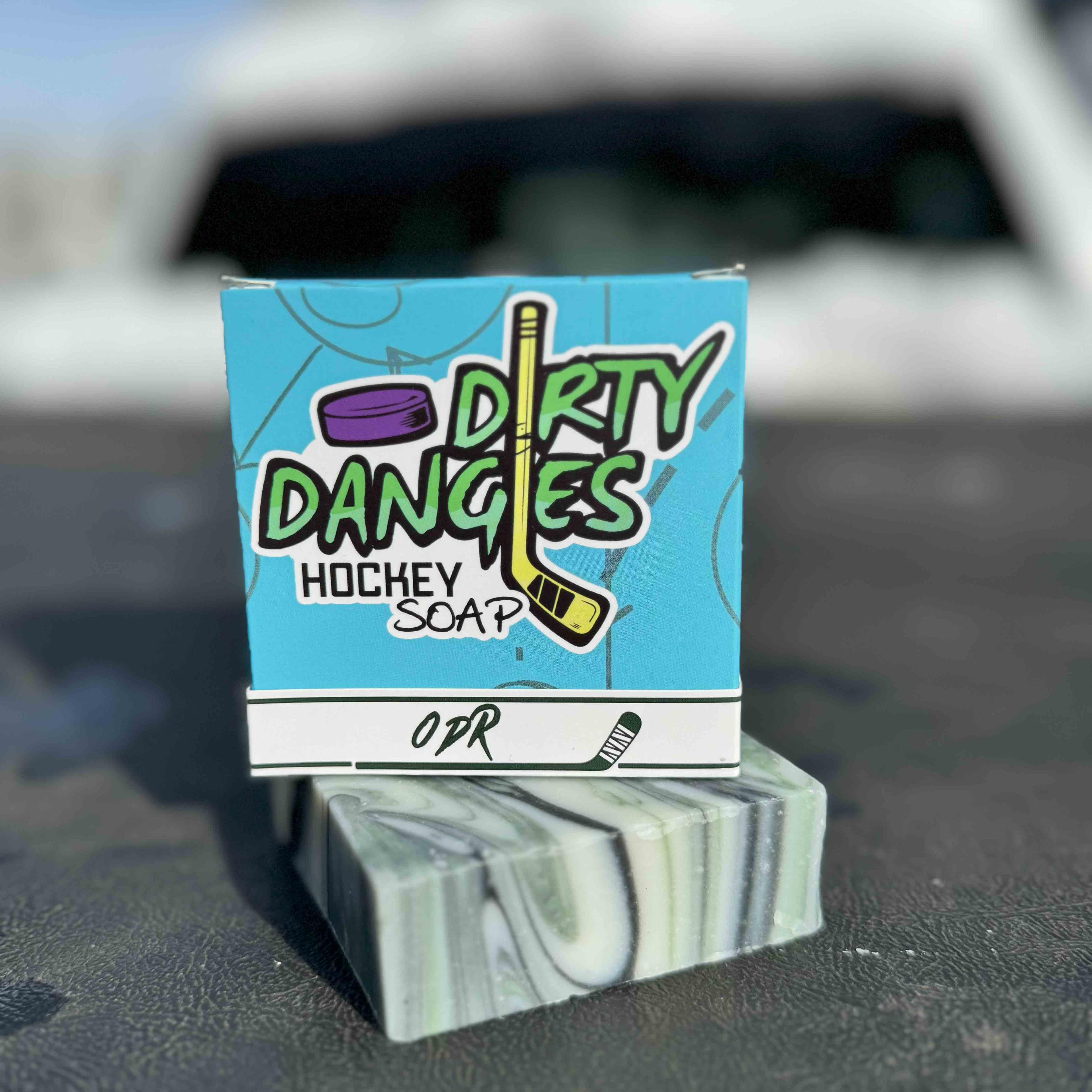 odr mountain air scented hockey soap on the bed of a truck in the snow.