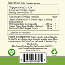 photo of the back of the label for herbal roots turmeric showing the nutritional facts. Directions, take 2 capsules per day. Supplement facts: serving size is 2 vegan capsules, 30 servings per container. Amount per 2 vegan capsules, 1,300 mg Organic turmeric root, 150 mg (95% standardized curcuminoids) turmeric extract, 50 mg organic ginger root, 10 mg bioperine black pepper extract. Other ingredients: Vegan capsules and nothing else. No GMOs, soy, gluten, wheat, treenuts, peanuts, sugar, filler or preservatives. Distributed by Elite Source Products, Inc. La Crescenta CA 91214. www.herbalrootssupplements.com Made in the USA