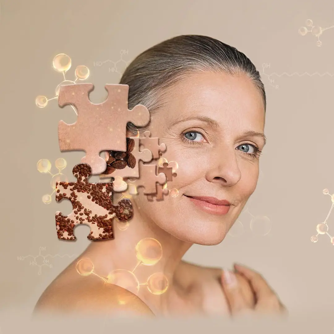 Woman with skin depicted as puzzle pieces coming together