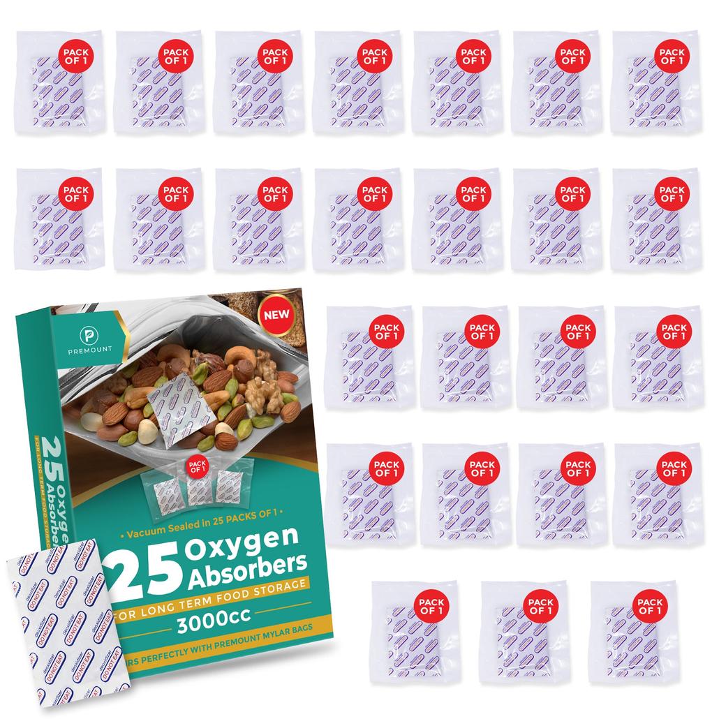 Premount 100 Mylar Bags for Food Storage With Oxygen Absorbers