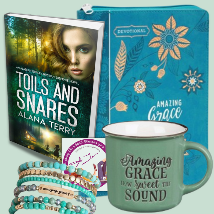 image of Toils and Snares paperback, Amazing grace mug, bracelet, and devotional