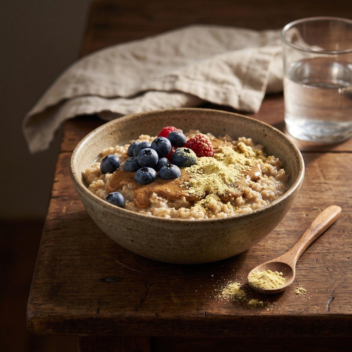 Bowl of oatmeal with berries dusted with pine pollen powder