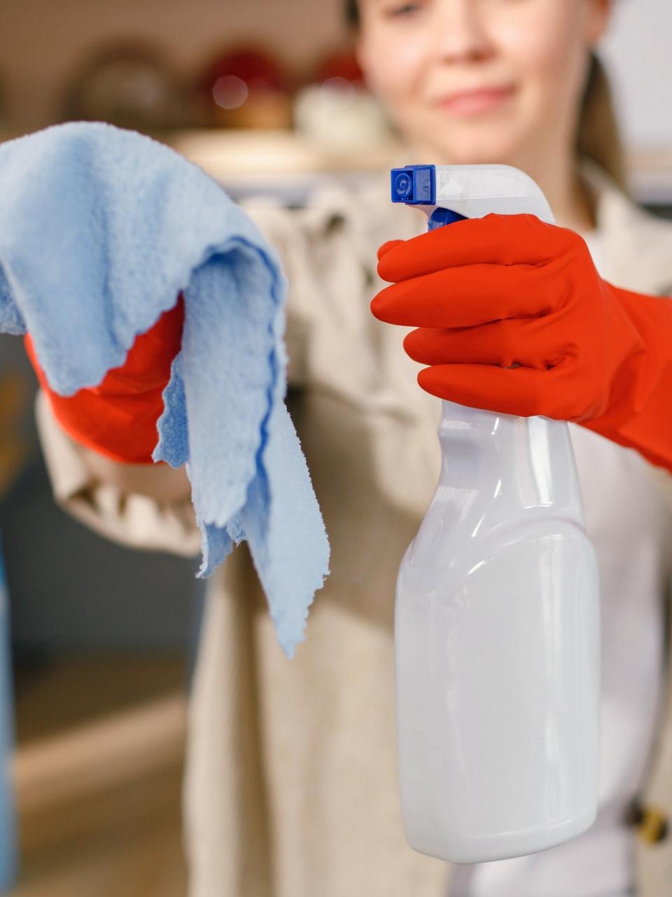 Cropped photo of woman holding a spraying detergent and rug
