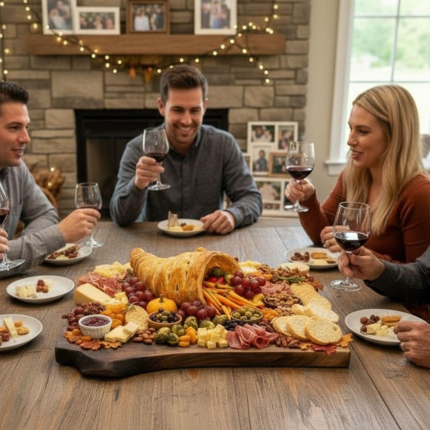 friends gathered around charcuterie board sharing wine and appetizers at home