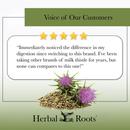 Voice of our customers with 5 stars and a picture of milk thistle seeds and two flowers. The review says "Immediately noticed the difference inmy digestion since switching to this brand. I've been taking other brands of milk thistle for years, but none can compares to this one!"