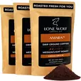 Three 12oz bags of Lone Wolf Coffee’s Amara Medium-Light Roast Drip Ground coffee bag product photo