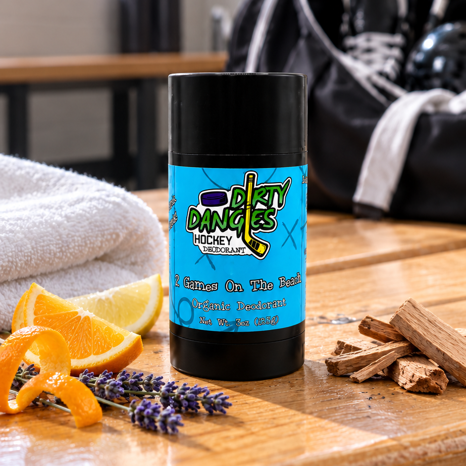 aluminum-free deodorant 2 games on the beach scent on a bench in a hockey locker room with citrus, sandalwood and lavender
