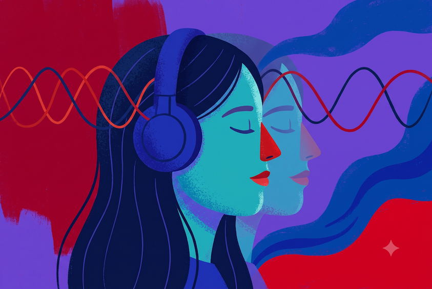 Woman in headphones with closed eyes beside a doubled profile echo, illustrating what are binaural beats.