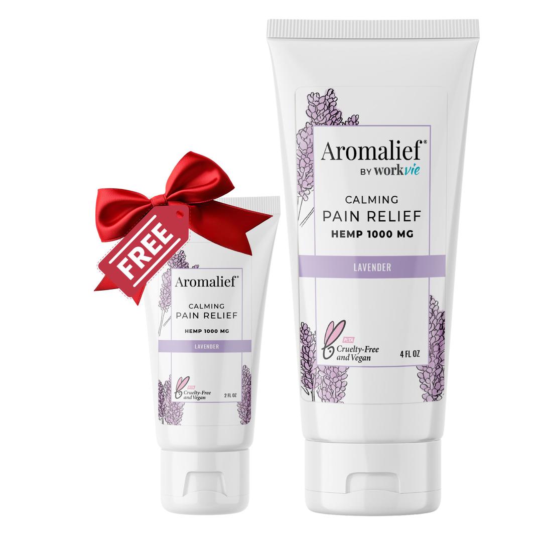 Two tubes of Aromalief calming pain relief cream, one larger and one smaller with lavender design elements, indicating a special offer.