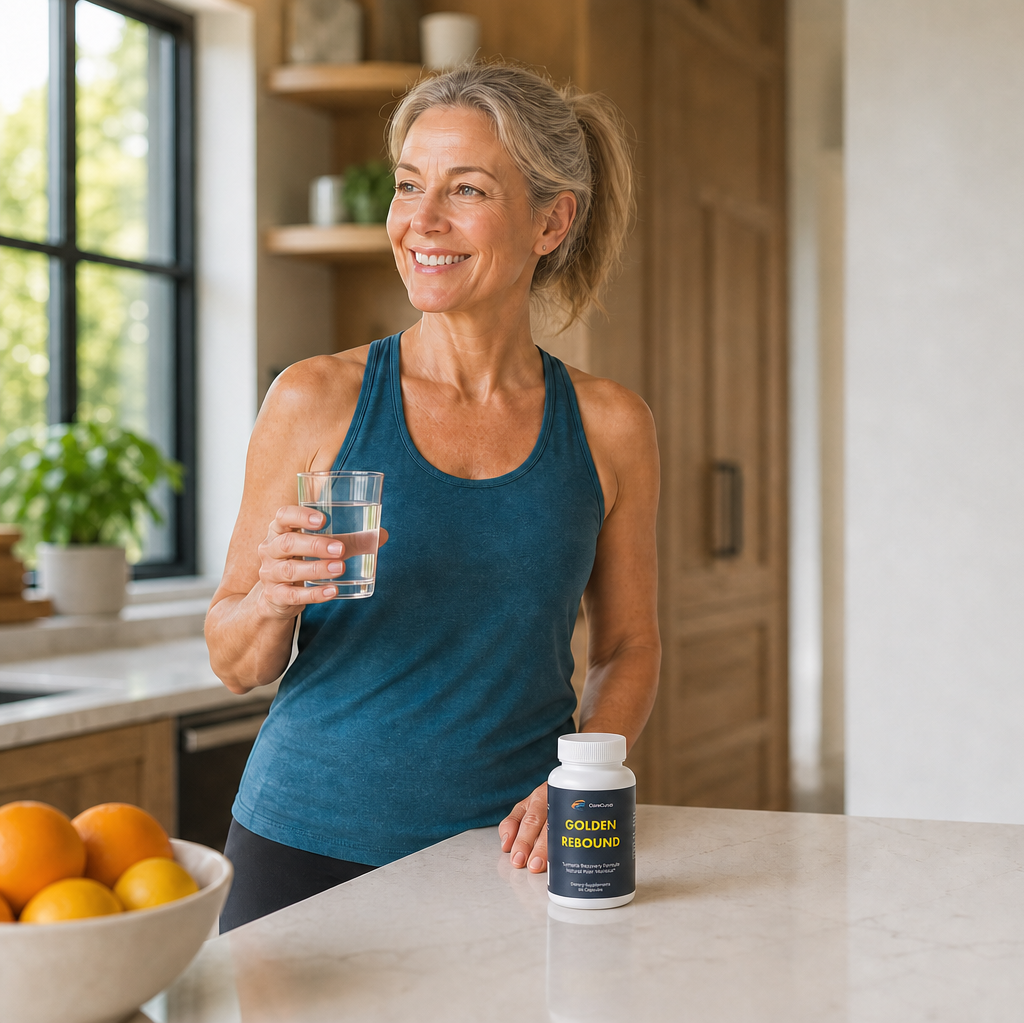 woman drinking water with golden rebound on the counter