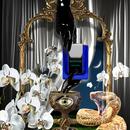 Hemlock bottle with black vinyl gloves, white orchids, a crescent moon, chalice and snake