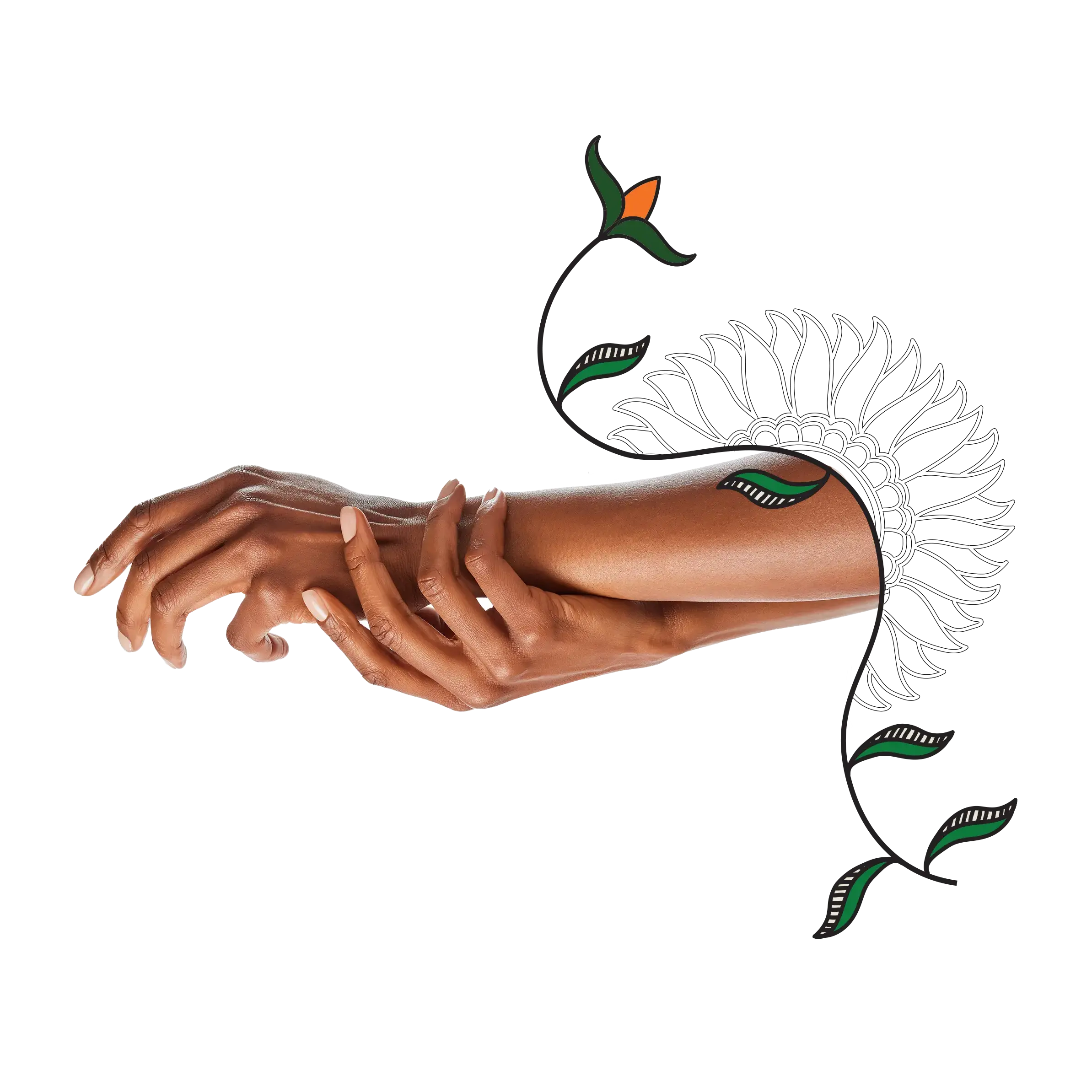 An aesthetic composition of a woman massaging her hands surrounded by floral artwork