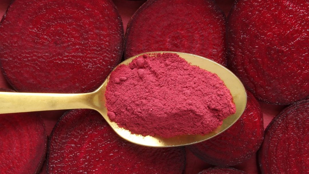 slices of beets lined up face up with a spoon on top with beet powder in the spoon
