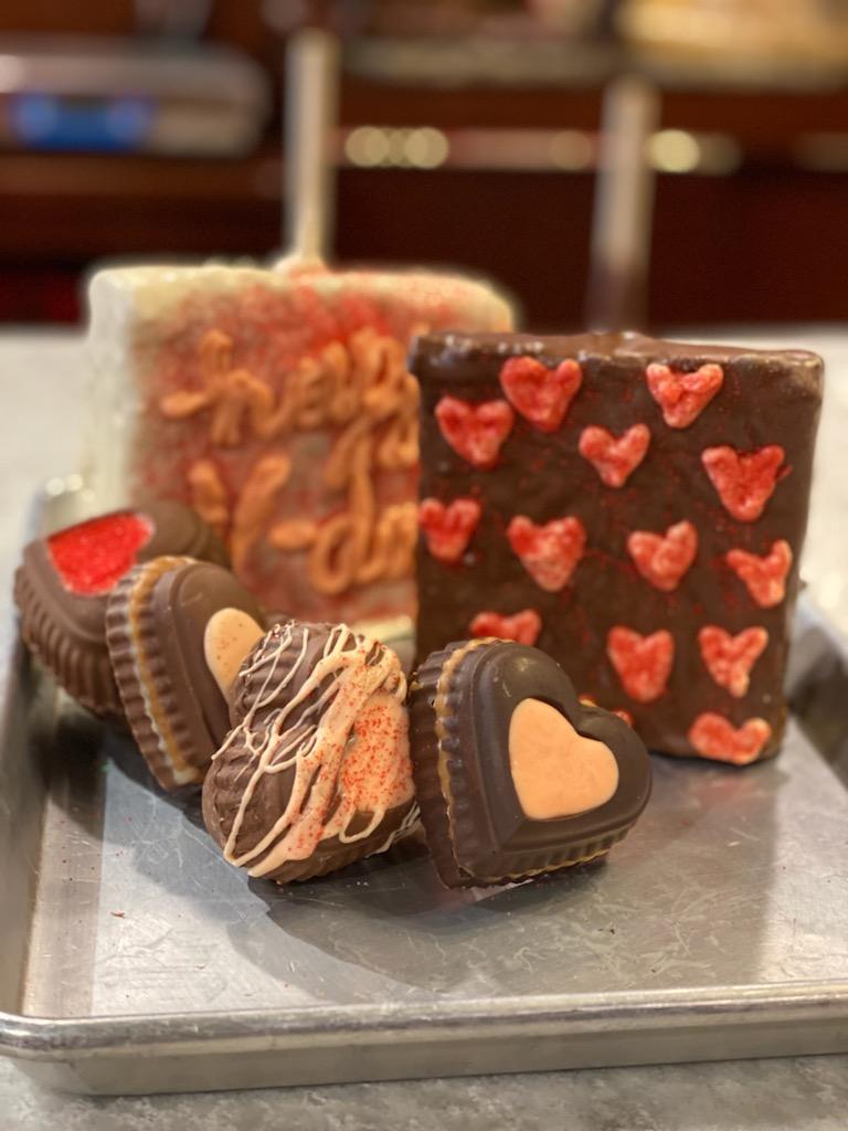Heart-decorated chocolate-dipped Rice Krispies treat at River Street Sweets Lancaster