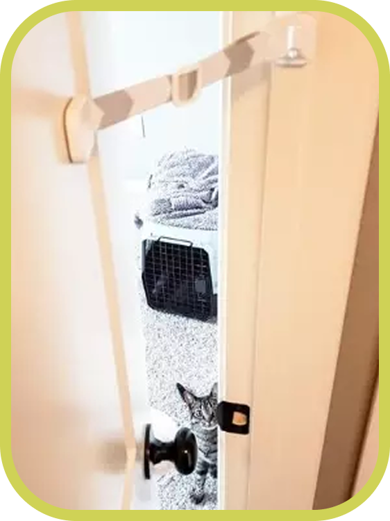 A door is held partially open with The Door Buddy door strap creating a small gap for a cat to pass through. The adjustable strap helps baby proof the room while still allowing cats access.