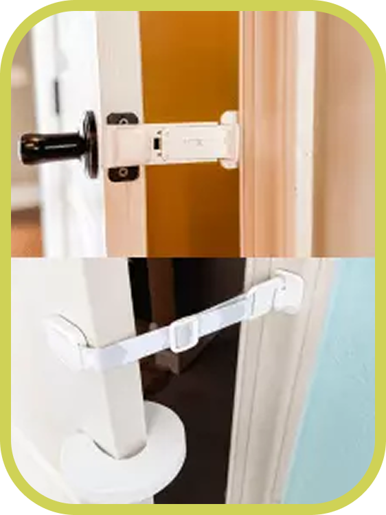 Door Buddy cat door latch solutions including door prop and adjustable door strap that keep dogs out of litter box rooms while allowing cats through doors.