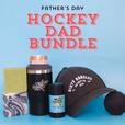 2 bars of hockey soap, a 2 in 1 drink tumbler can holder, a stick of dirty dangles natural deodorant and a dirty dangles hockey co. hat on a blue background. Father's Day Hockey Dad Bundle