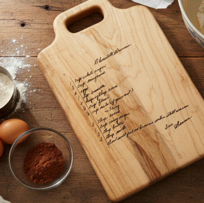 Personalized maple cutting board with engraved handwritten recipe shown with flour, eggs, and cocoa in kitchen setting