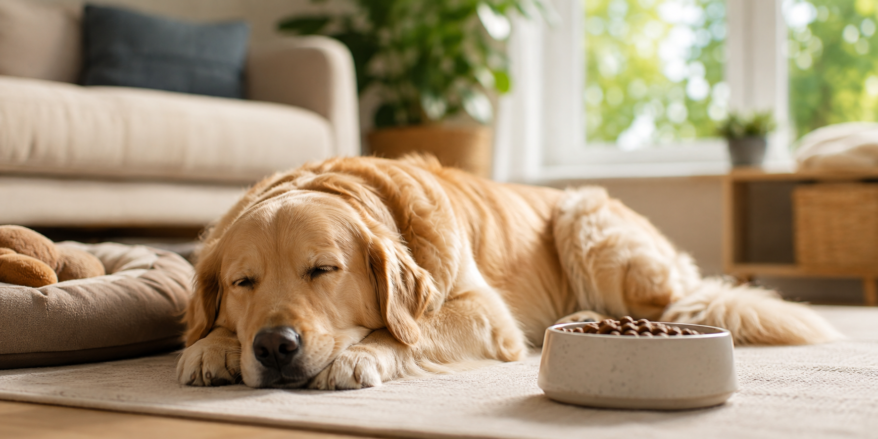 Guardian’s Choice GCP OMEGAPaws Premium Krill Omega-3 soft chews beside a relaxed dog waking from an afternoon nap