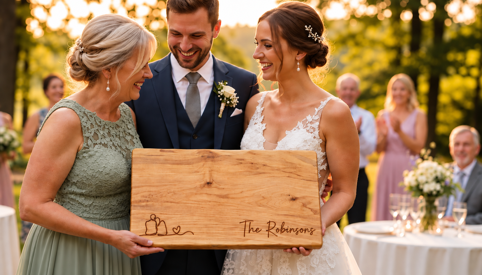 Wedding couple receiving a personalized live edge maple charcuterie board