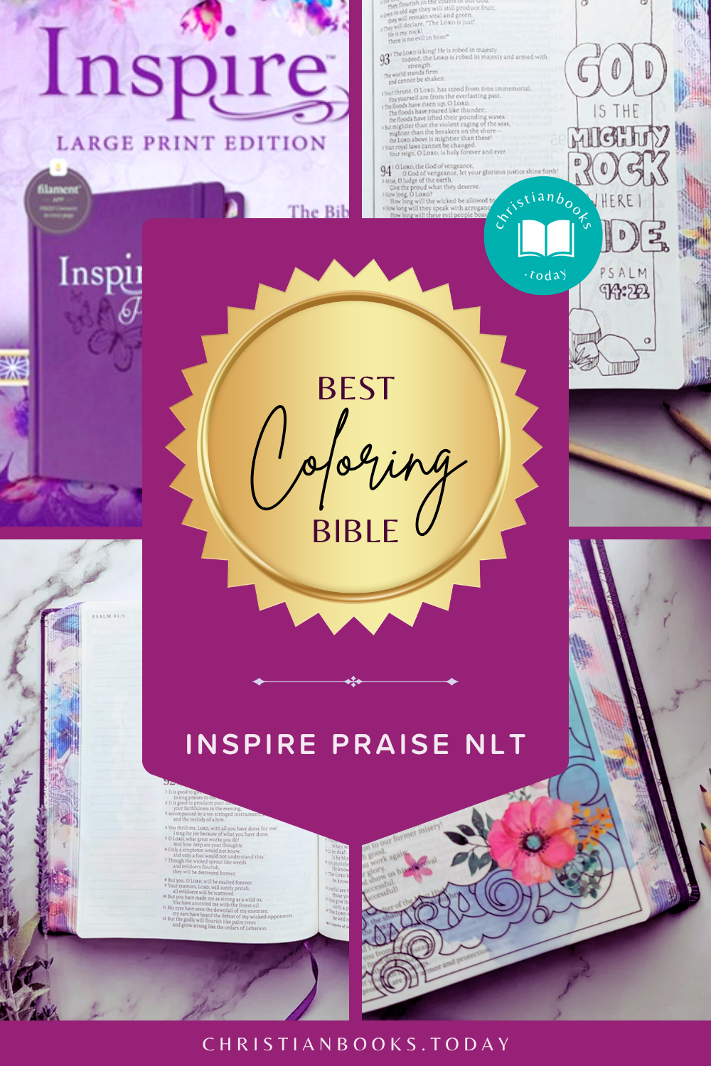 Collage of the purple NLT Inspire Praise Large Print Bible, coloring pages and illustrated Scripture, labeled Best Coloring Bible.