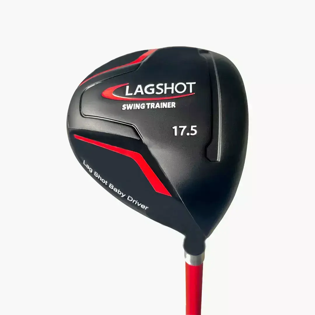 Black and red metal golf club head with LAGSHOT SWING TRAINER, 17.5, and Lag Shot Baby Driver printed on the surface.