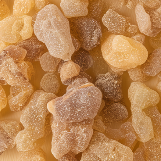A bunch of brown colored frankincense kept over a white color background