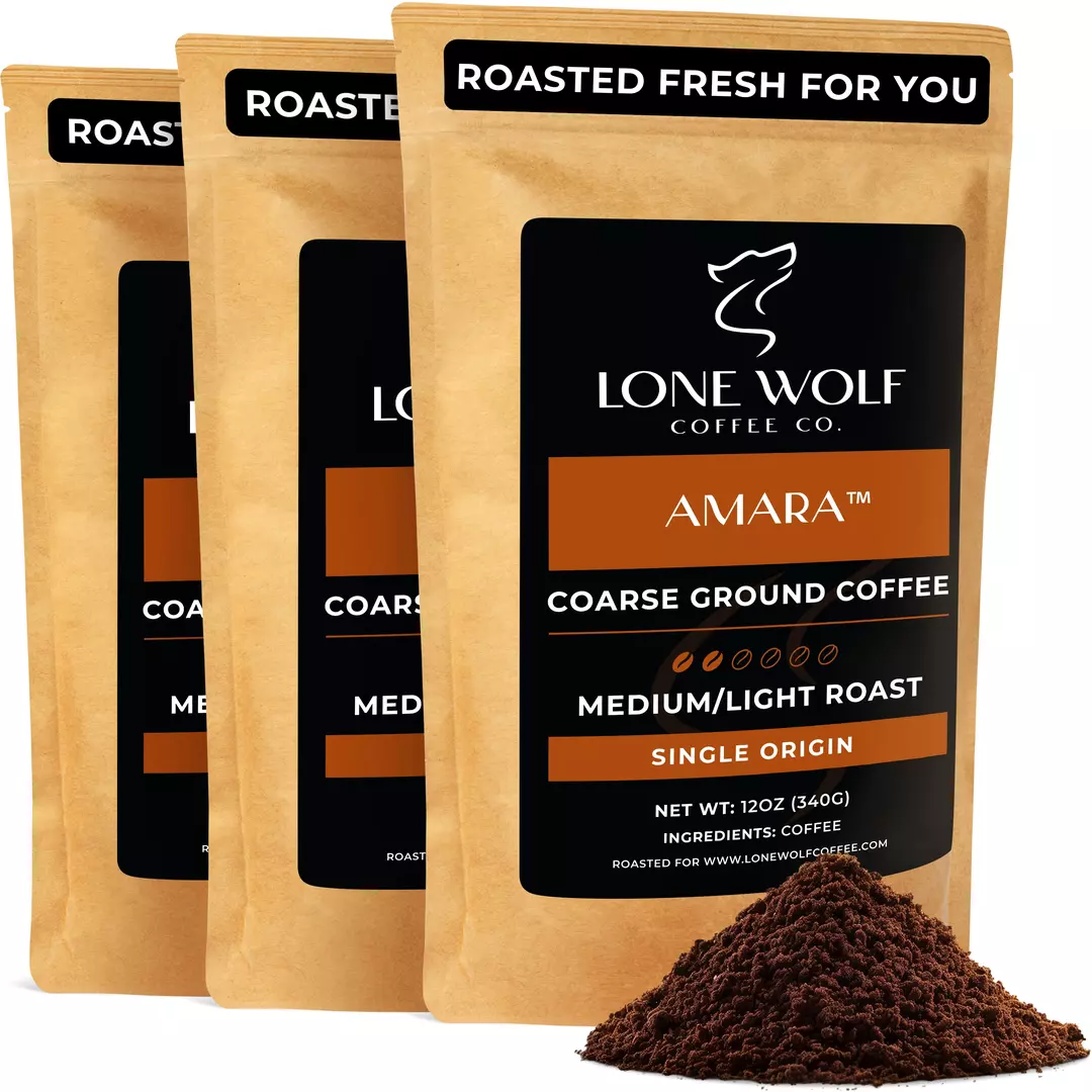 Three 12oz bags of Lone Wolf Coffee’s Amara Medium-Light Roast Coarse Ground coffee bag product photo