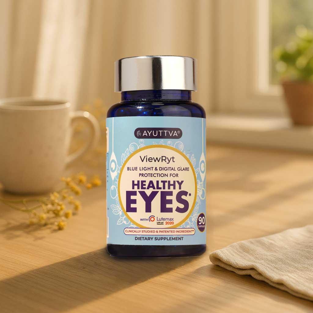 A bottle of Viewryt supplement for healthy eyes containing 90 capsules